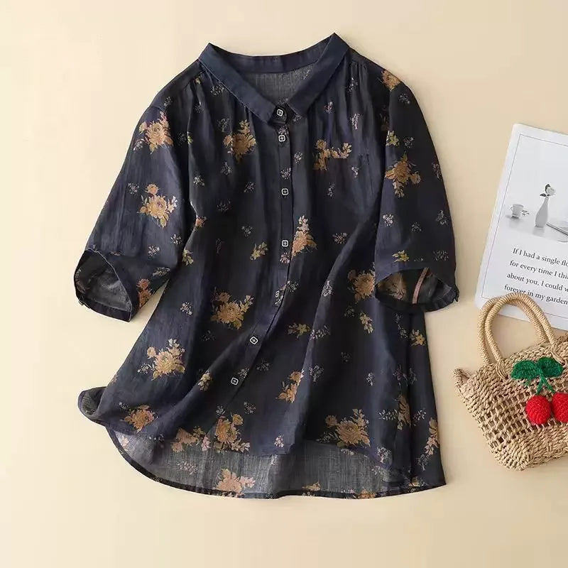 Floral Print Cotton Linen Three Quarter Sleeve Shirt - color option view