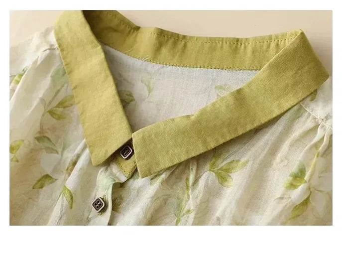 Floral Print Cotton Linen Three Quarter Sleeve Shirt - detail view
