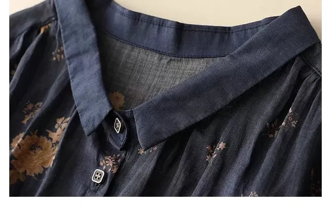 Floral Print Cotton Linen Three Quarter Sleeve Shirt - detail view