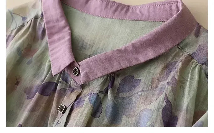 Floral Print Cotton Linen Three Quarter Sleeve Shirt - detail view