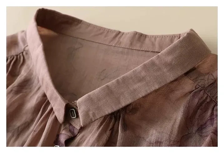 Floral Print Cotton Linen Three Quarter Sleeve Shirt - detail view