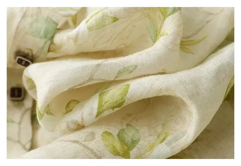 Floral Print Cotton Linen Three Quarter Sleeve Shirt - detail view