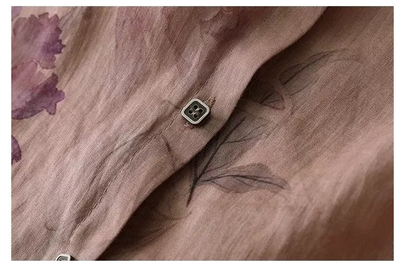 Floral Print Cotton Linen Three Quarter Sleeve Shirt - detail view