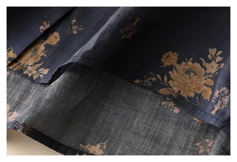 Floral Print Cotton Linen Three Quarter Sleeve Shirt - detail view