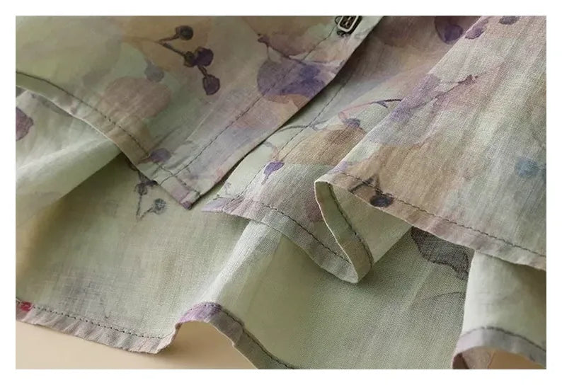 Floral Print Cotton Linen Three Quarter Sleeve Shirt - detail view