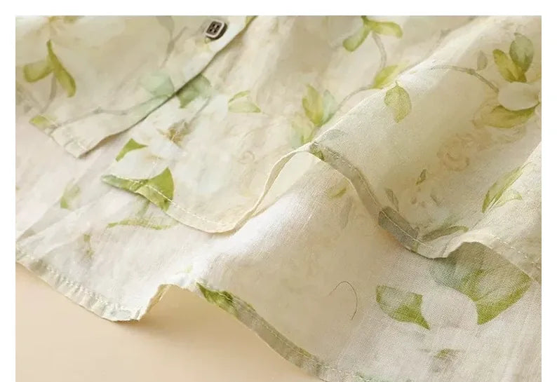 Floral Print Cotton Linen Three Quarter Sleeve Shirt - detail view