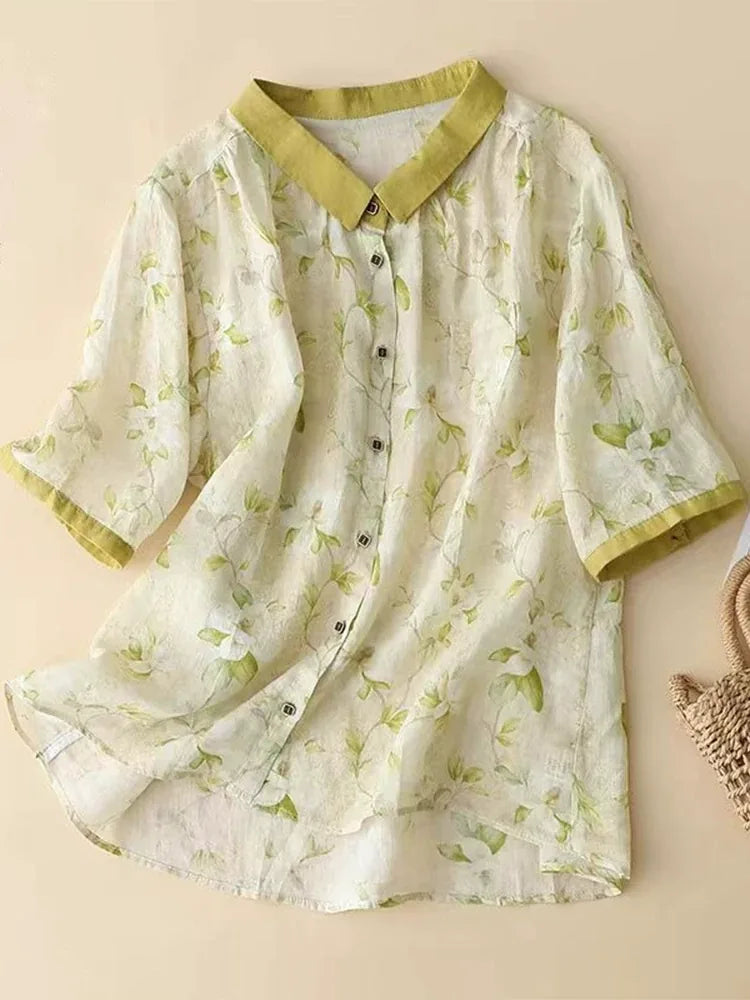 Floral Print Cotton Linen Three Quarter Sleeve Shirt - main product image