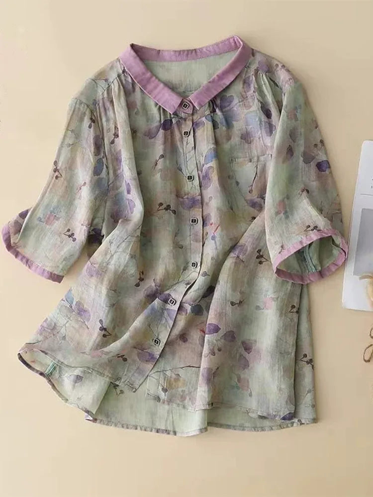 Floral Print Cotton Linen Three Quarter Sleeve Shirt - product view view