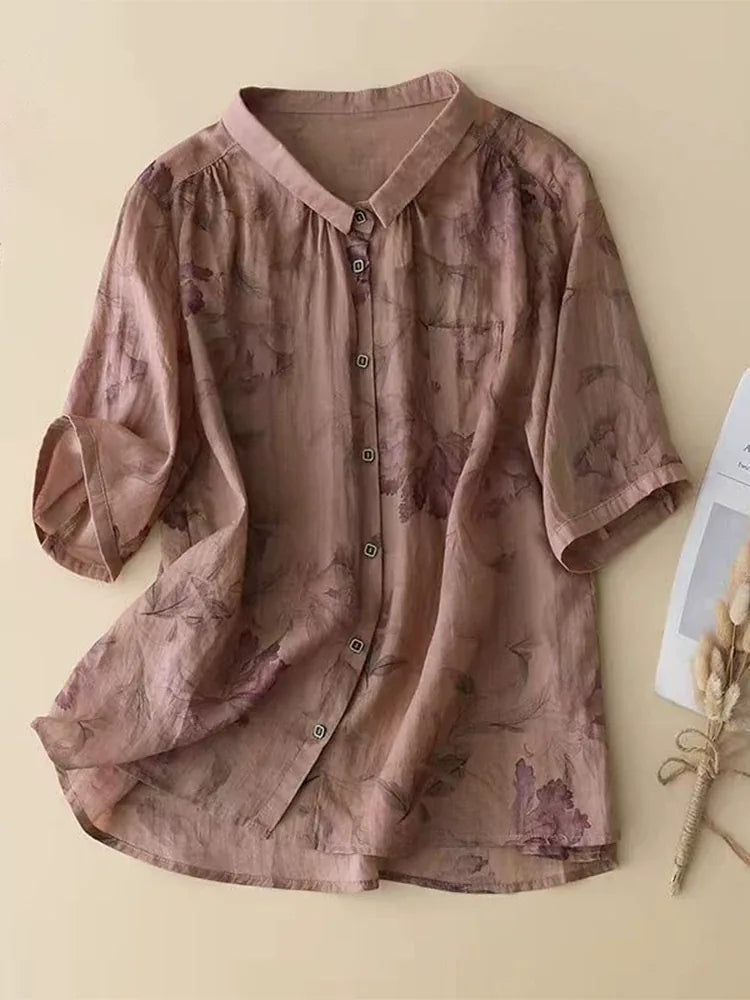 Floral Print Cotton Linen Three Quarter Sleeve Shirt - product view view
