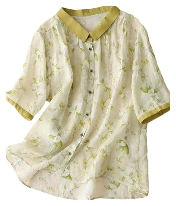Floral Print Cotton Linen Three Quarter Sleeve Shirt - product view view