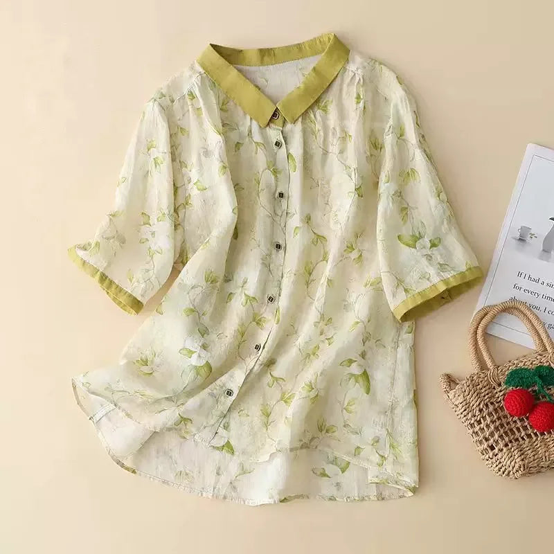 Floral Print Cotton Linen Three Quarter Sleeve Shirt - product view view