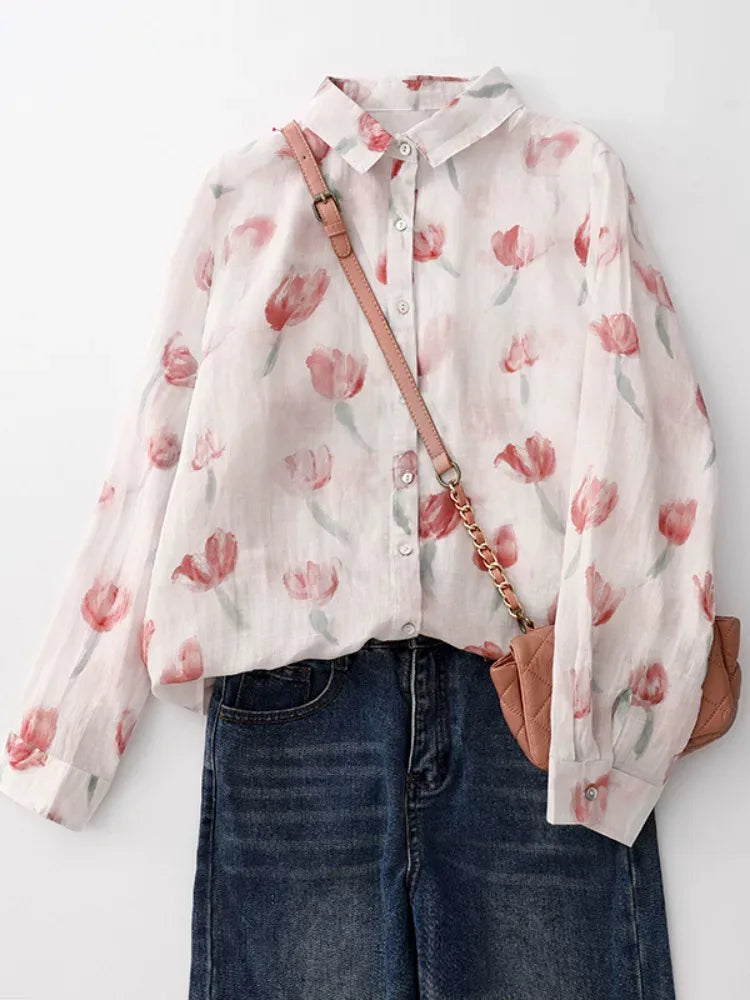 Floral Print Cotton Shirt Collar Long Sleeve Button Front Blouse