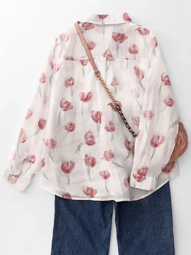Floral Print Cotton Shirt Collar Long Sleeve Button Front Blouse