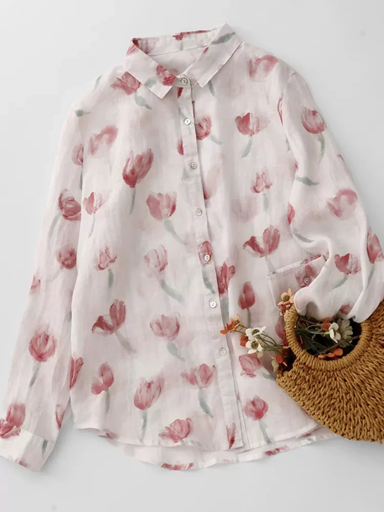 Floral Print Cotton Shirt Collar Long Sleeve Button Front Blouse