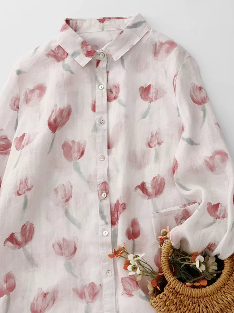 Floral Print Cotton Shirt Collar Long Sleeve Button Front Blouse