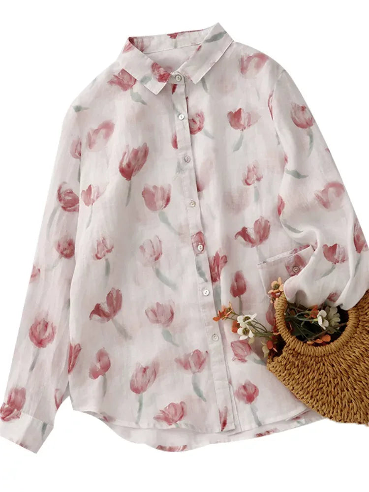Floral Print Cotton Shirt Collar Long Sleeve Button Front Blouse