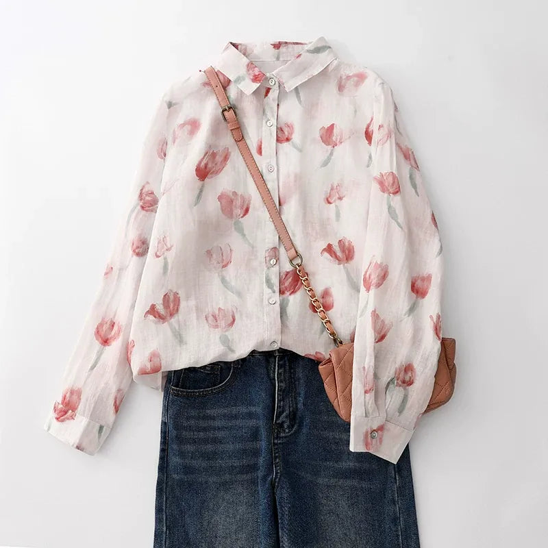 Floral Print Cotton Shirt Collar Long Sleeve Button Front Blouse