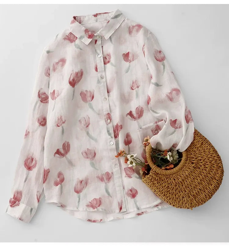 Floral Print Cotton Shirt Collar Long Sleeve Button Front Blouse