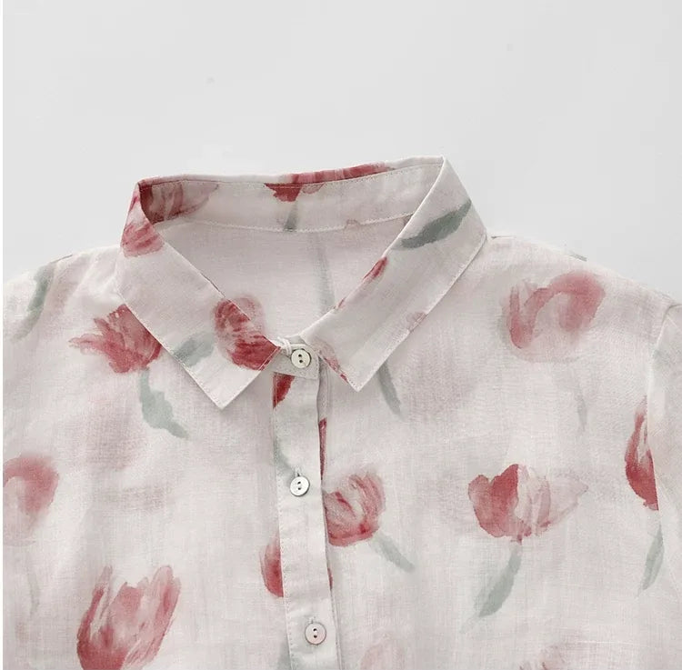 Floral Print Cotton Shirt Collar Long Sleeve Button Front Blouse
