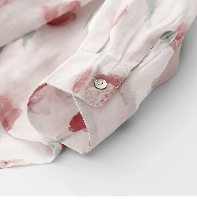 Floral Print Cotton Shirt Collar Long Sleeve Button Front Blouse
