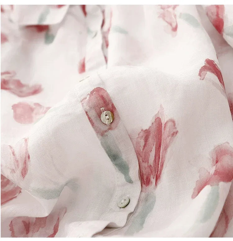 Floral Print Cotton Shirt Collar Long Sleeve Button Front Blouse