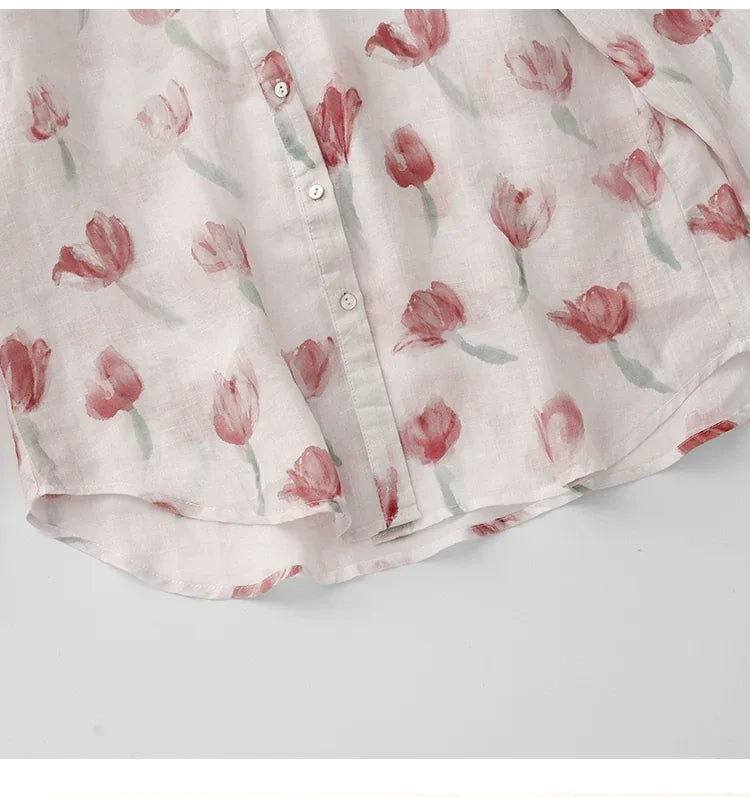Floral Print Cotton Shirt Collar Long Sleeve Button Front Blouse