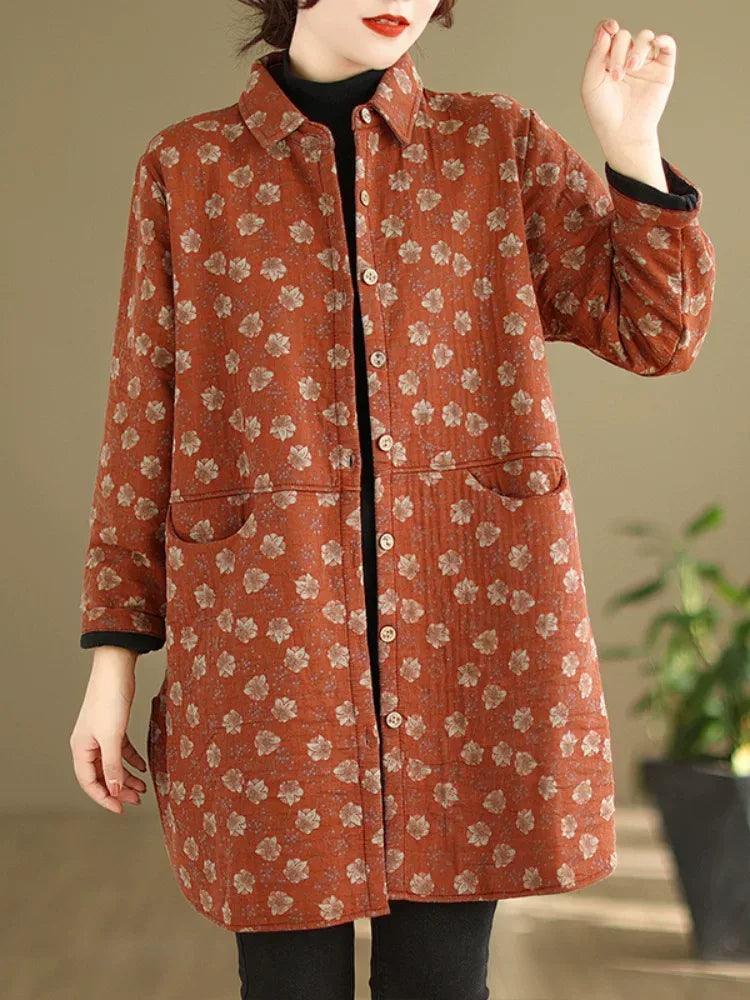 Floral Print Fleece-Lined Padded Coat with Shirt Collar