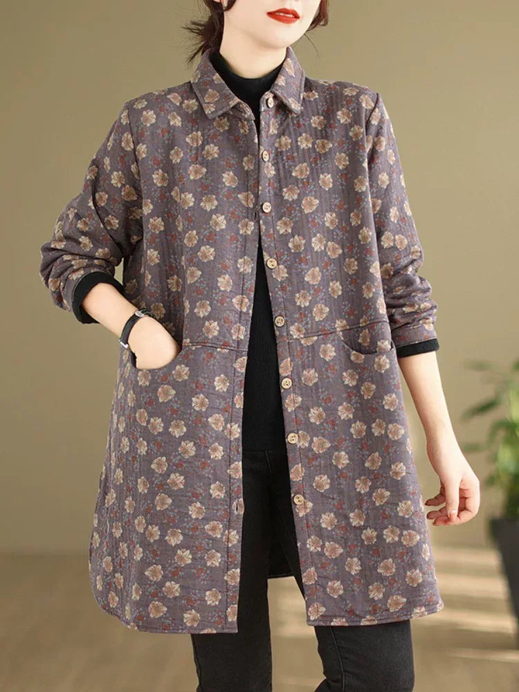 Floral Print Fleece-Lined Padded Coat with Shirt Collar