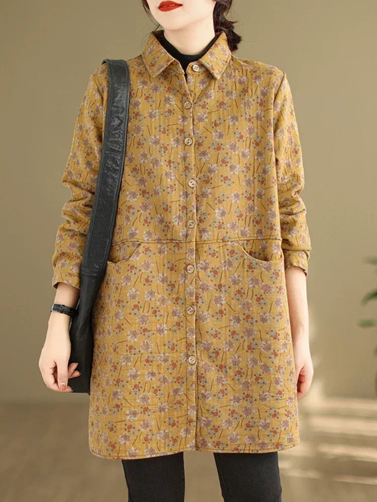 Floral Print Fleece-Lined Padded Coat with Shirt Collar