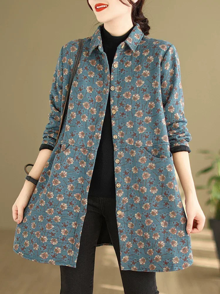 Floral Print Fleece-Lined Padded Coat with Shirt Collar
