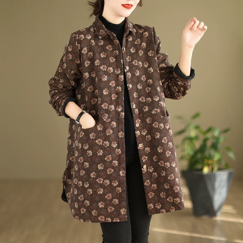 Floral Print Fleece-Lined Padded Coat with Shirt Collar