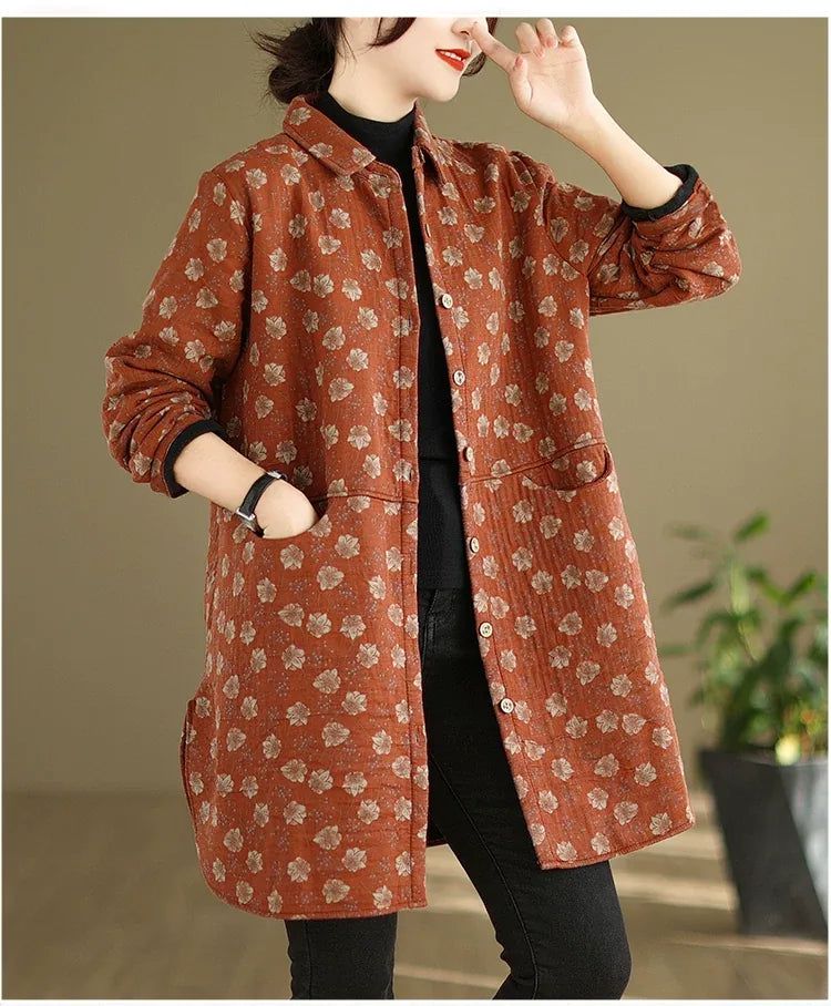 Floral Print Fleece-Lined Padded Coat with Shirt Collar