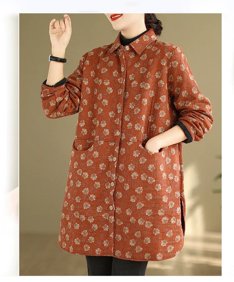 Floral Print Fleece-Lined Padded Coat with Shirt Collar