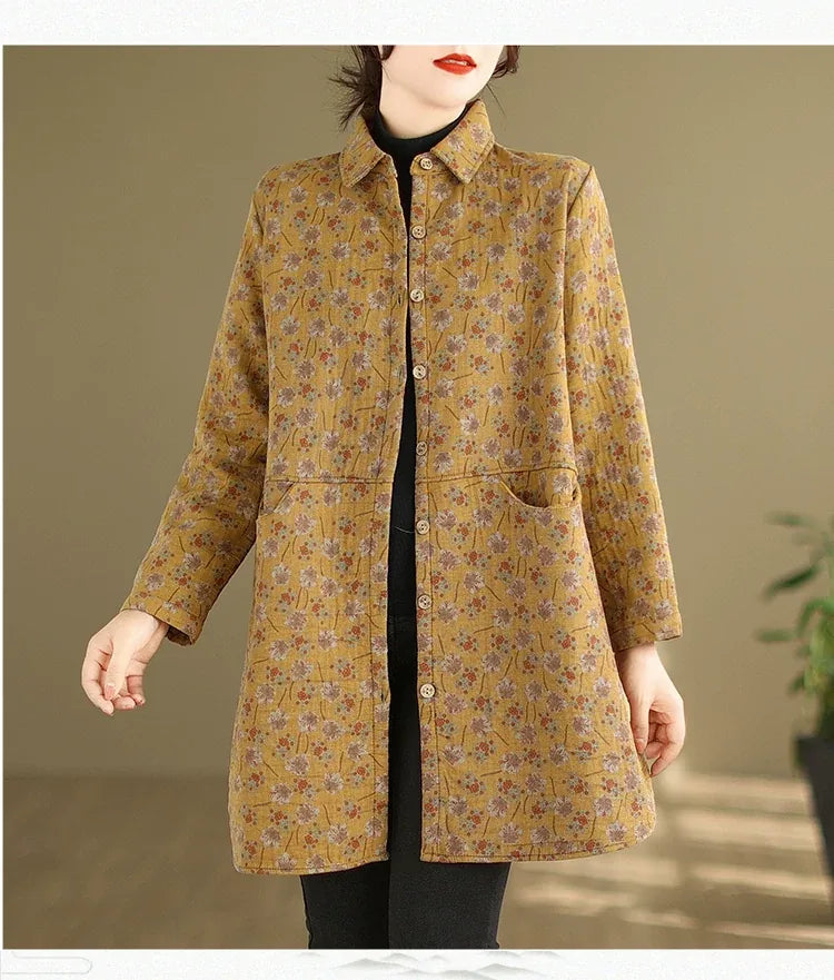 Floral Print Fleece-Lined Padded Coat with Shirt Collar