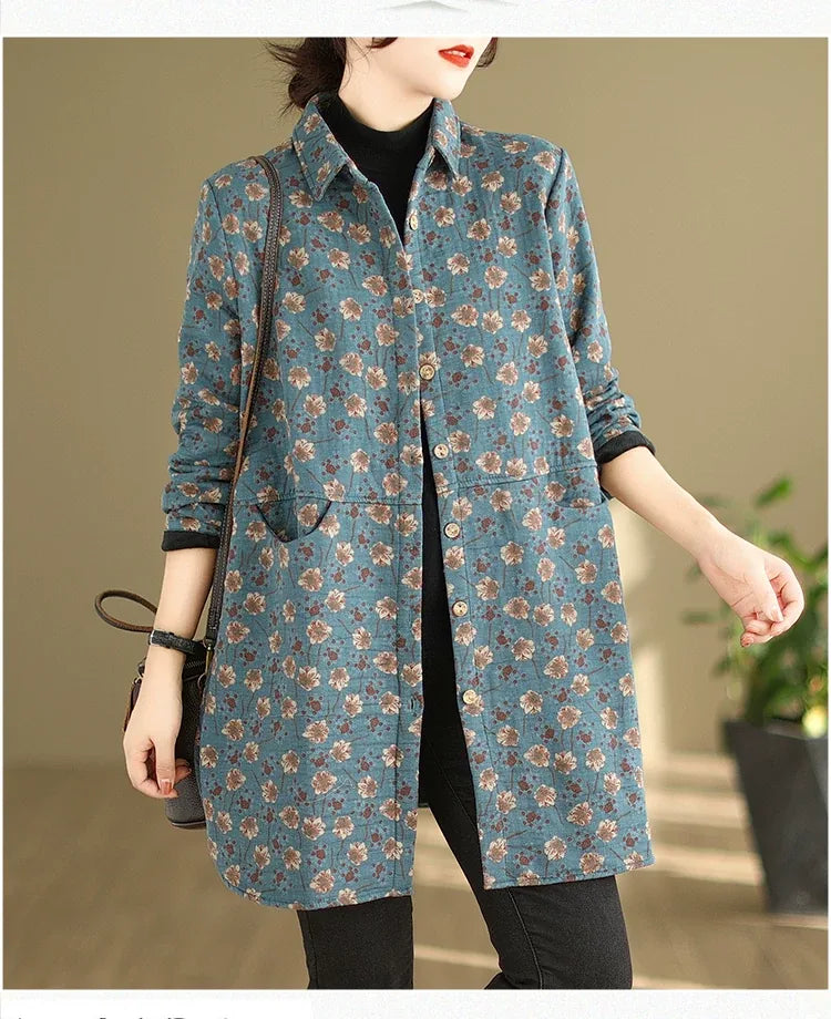 Floral Print Fleece-Lined Padded Coat with Shirt Collar