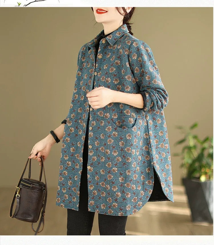 Floral Print Fleece-Lined Padded Coat with Shirt Collar