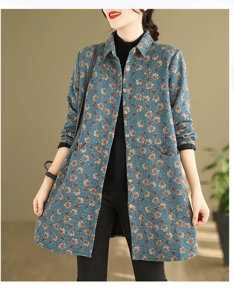 Floral Print Fleece-Lined Padded Coat with Shirt Collar
