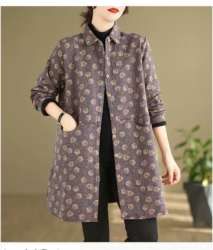 Floral Print Fleece-Lined Padded Coat with Shirt Collar