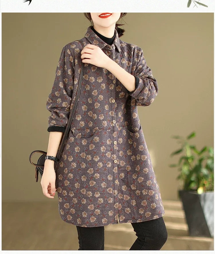 Floral Print Fleece-Lined Padded Coat with Shirt Collar