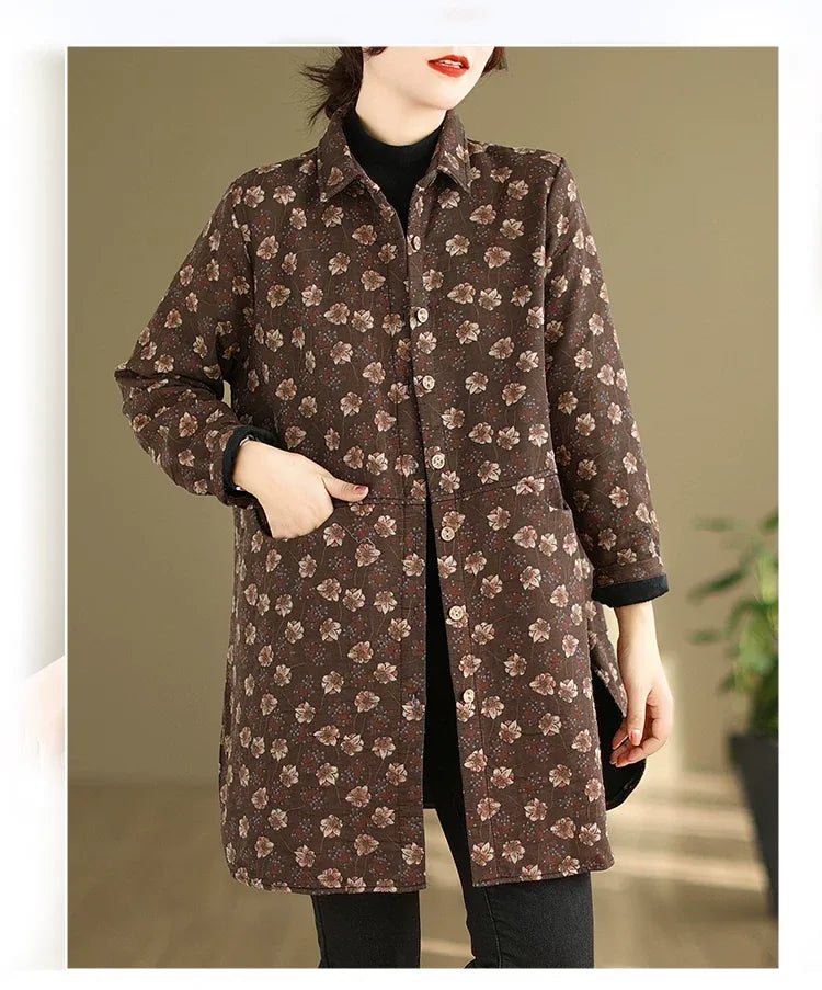 Floral Print Fleece-Lined Padded Coat with Shirt Collar