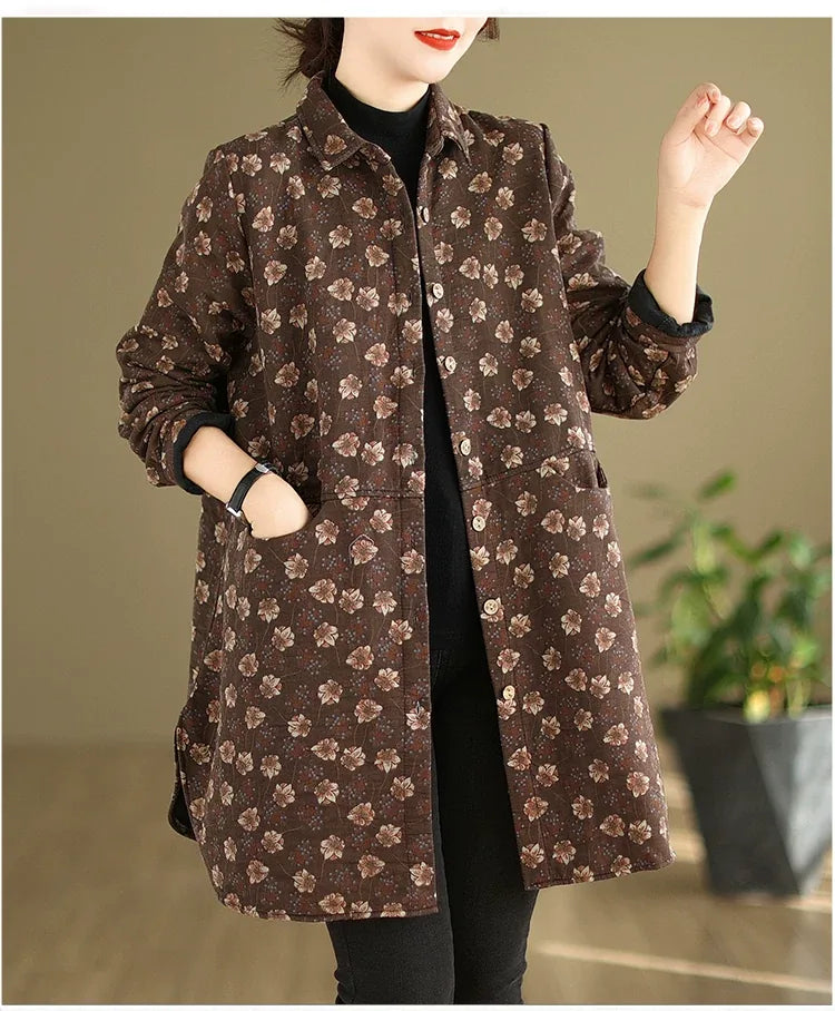 Floral Print Fleece-Lined Padded Coat with Shirt Collar