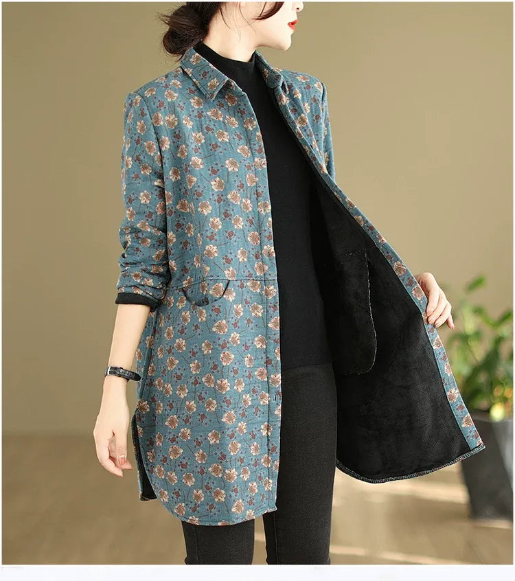 Floral Print Fleece-Lined Padded Coat with Shirt Collar