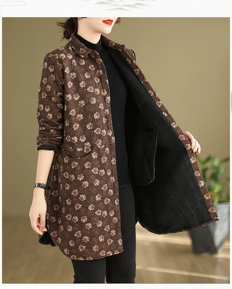 Floral Print Fleece-Lined Padded Coat with Shirt Collar