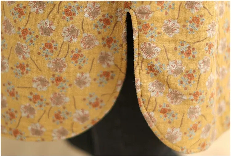 Floral Print Fleece-Lined Padded Coat with Shirt Collar