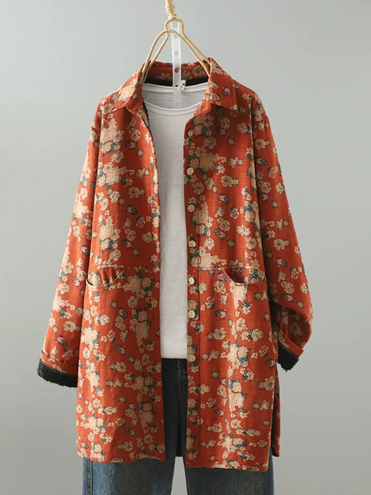 Floral Print Fleece-Lined Patch Pocket Coat