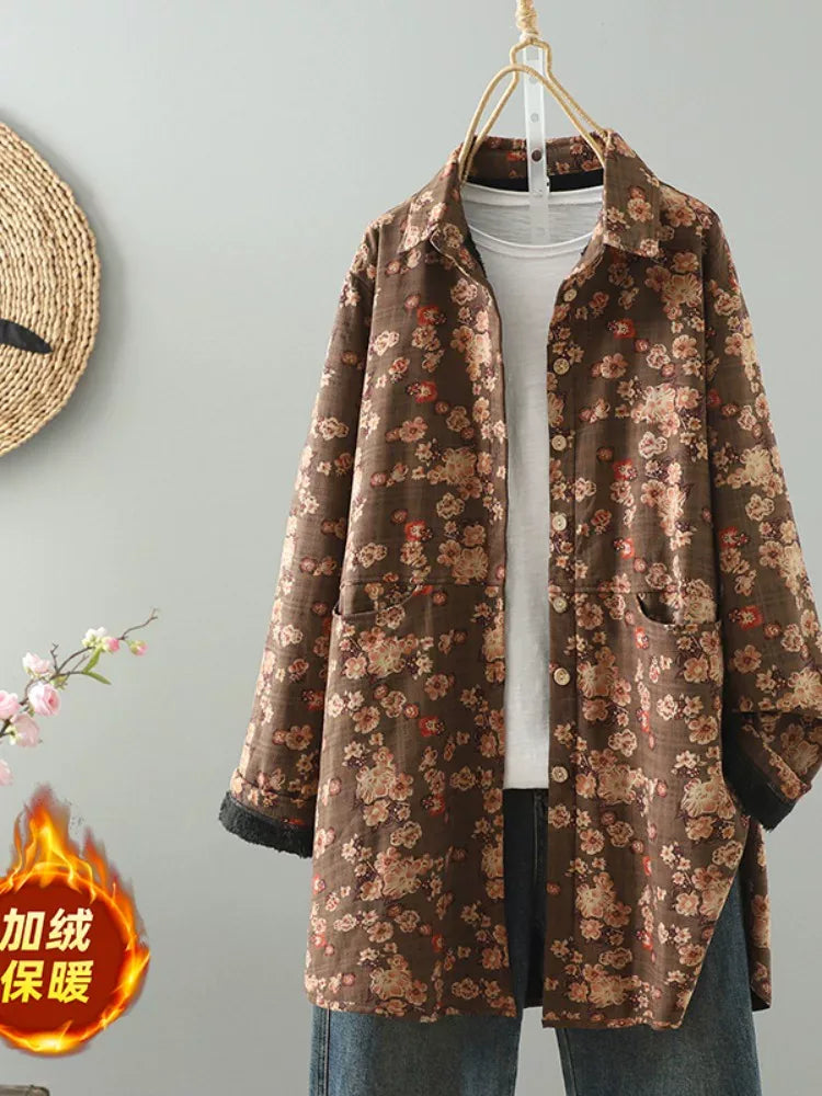 Floral Print Fleece-Lined Patch Pocket Coat
