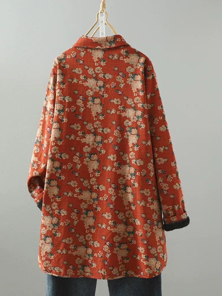 Floral Print Fleece-Lined Patch Pocket Coat