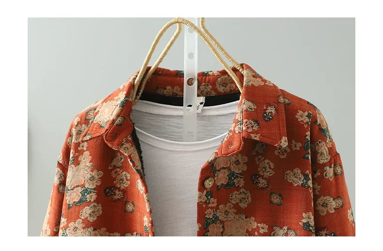 Floral Print Fleece-Lined Patch Pocket Coat