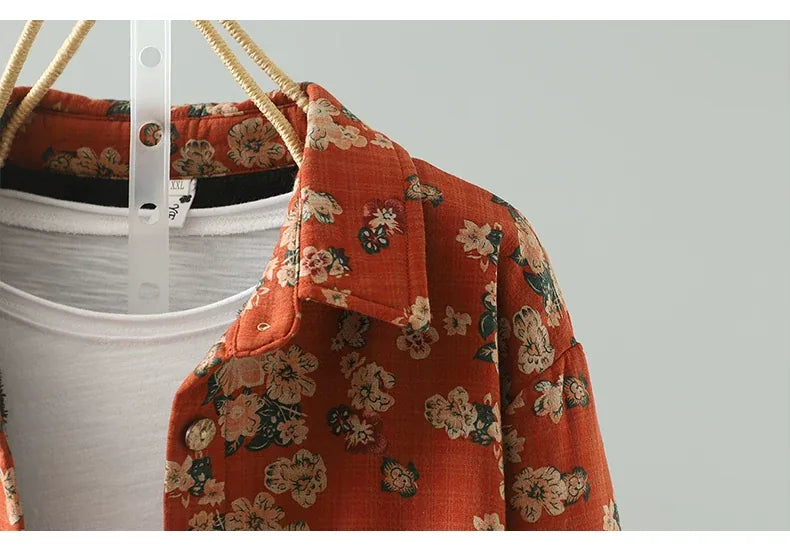 Floral Print Fleece-Lined Patch Pocket Coat