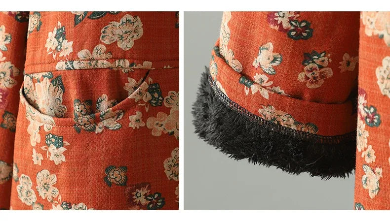 Floral Print Fleece-Lined Patch Pocket Coat